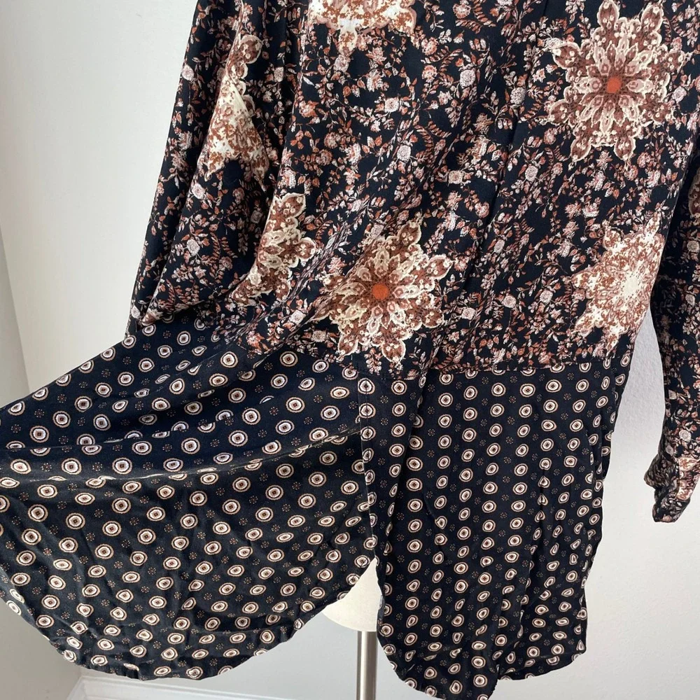 Free People‎ Womens XS Mixed Floral Geometric Kimono Cardigan Black Brown Boho